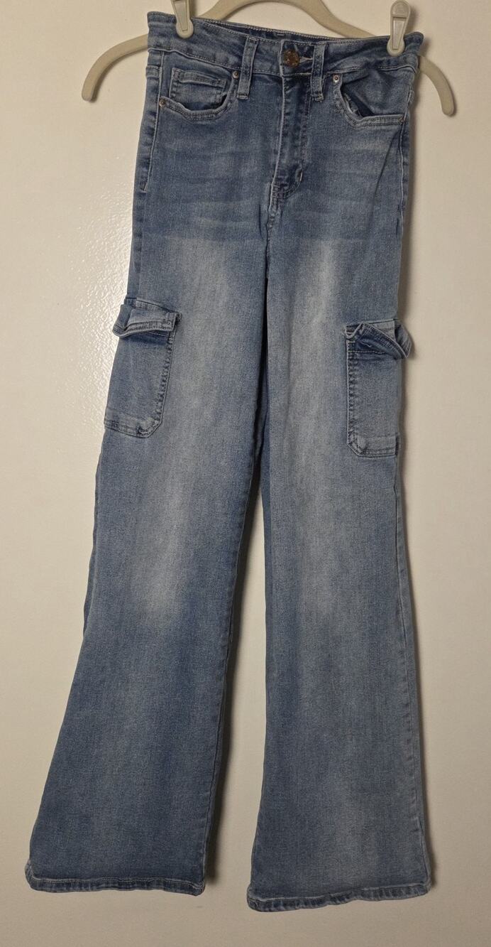 YMI High Rise Skater Cargo Wide Leg Jeans Blue Denim Womens Size 24x30 Stretch